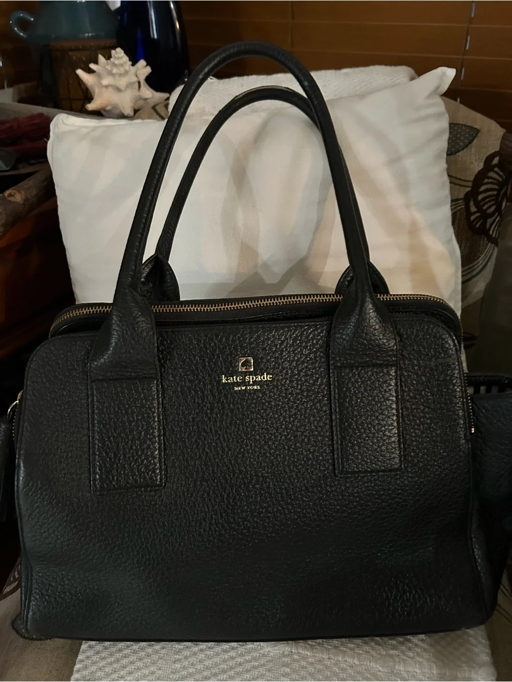 kate spade Black Pebbled Leather Satchel with Gold Logo